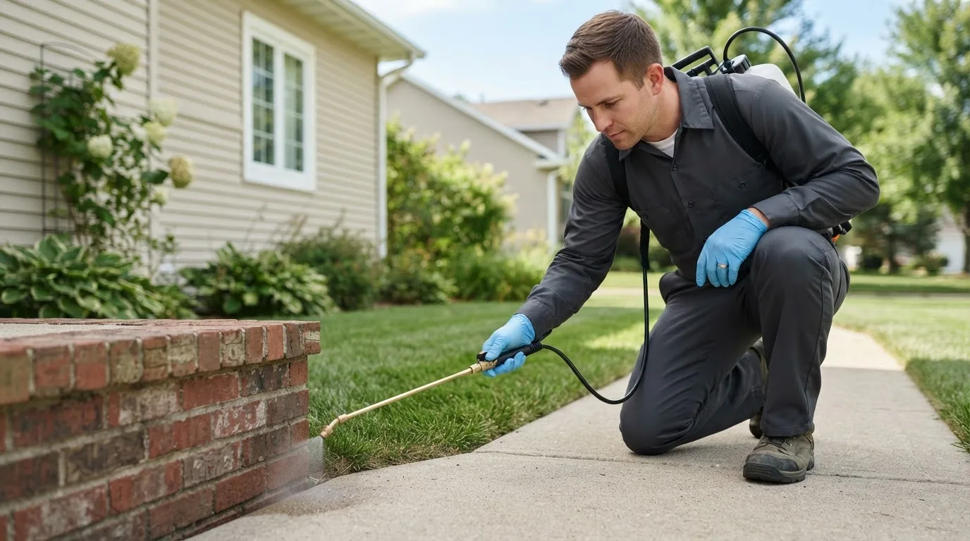 Pest control technician treating a home near West Unity, OH
